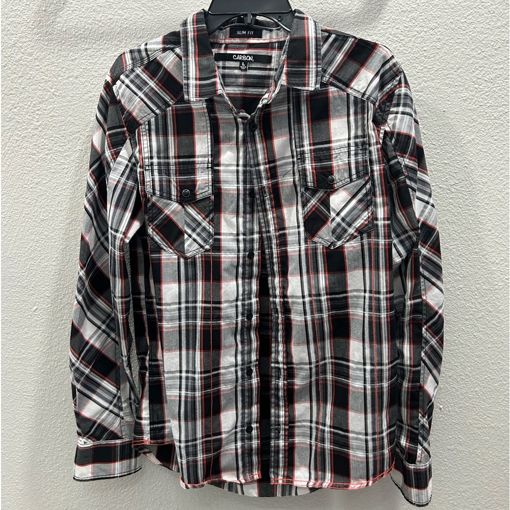 Men’s Carbon Dress Shirt - Slim Fit, Red+Grey, Classic Collar, Size L